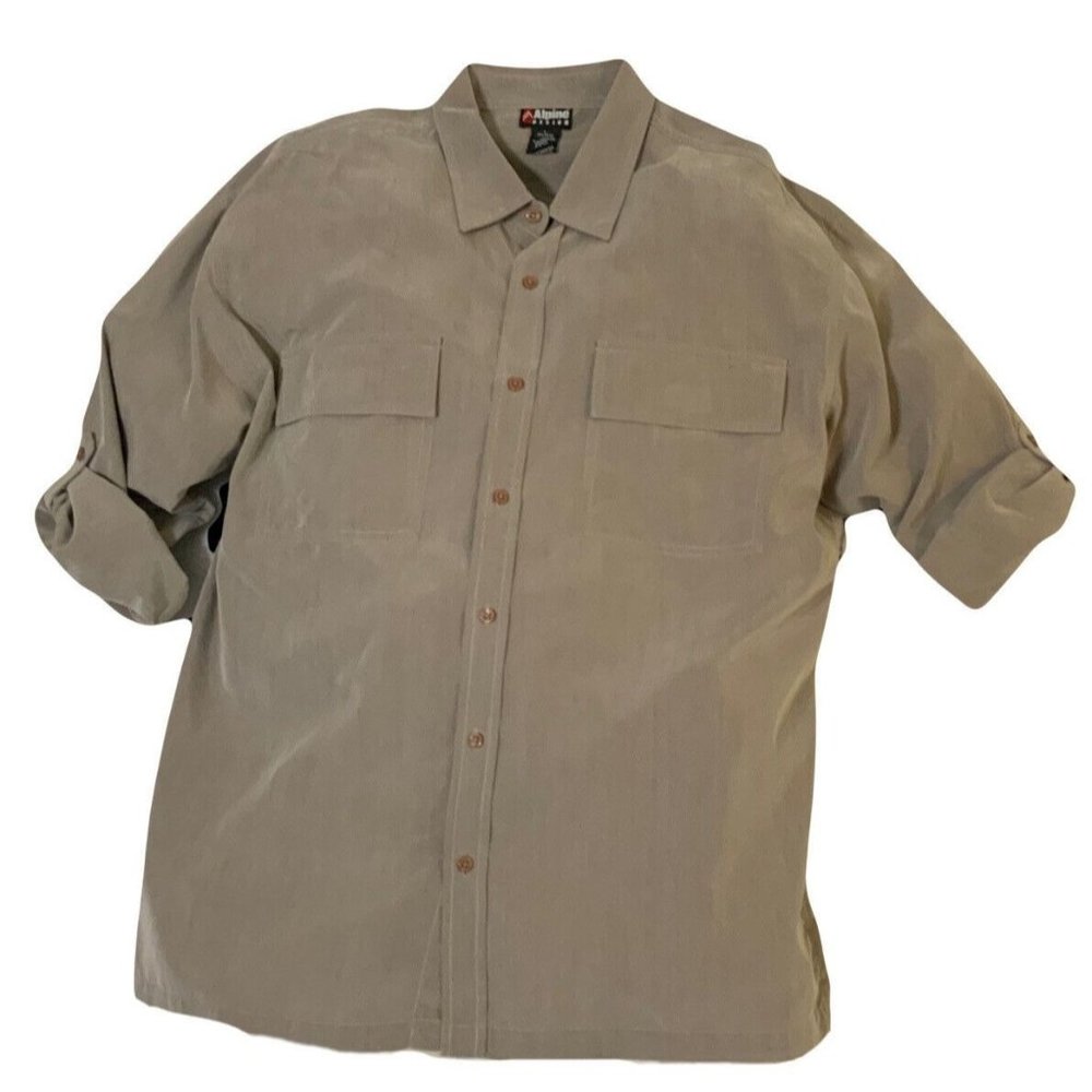 Alpine Design Mens Button Up Shirt Large Solid Green Long Sleeve Roll Tab Resort